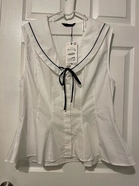 Zara White Sleeveless Sailor-Collar Blouse with Black Tie